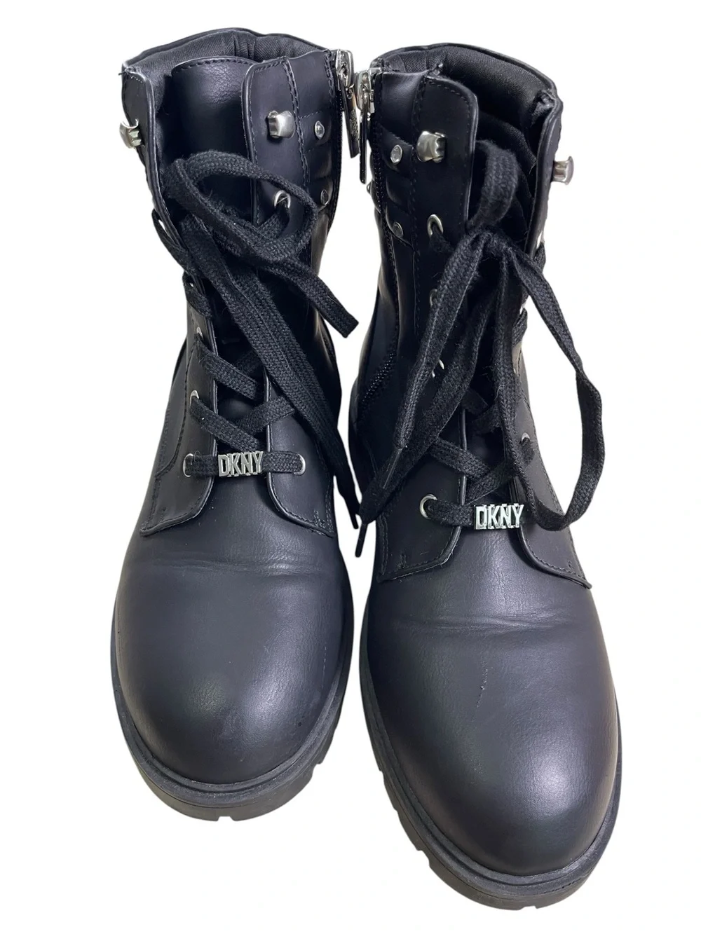 DKNY Black Lace-Up Combat Boots with Stud Accents